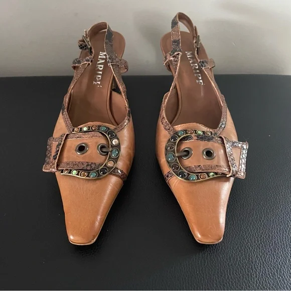 Maripe Shoes Maripe Brown Leather Toe Buckle Kitten Heel Sling